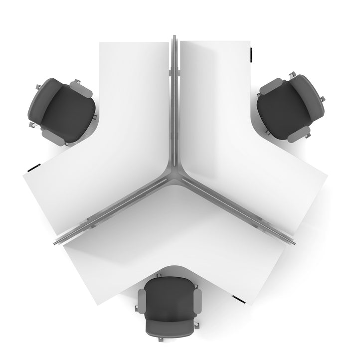 Four office chairs around a modern white meeting table, top view on white background. 