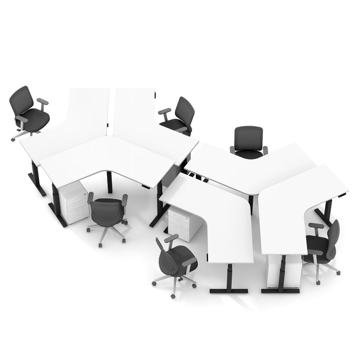 Modern white modular office workstations with black chairs on white background. 