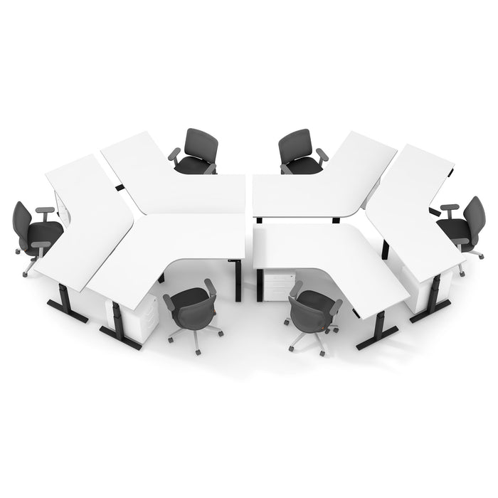 Modular hexagonal workstation setup with white desks and black office chairs on white background. 