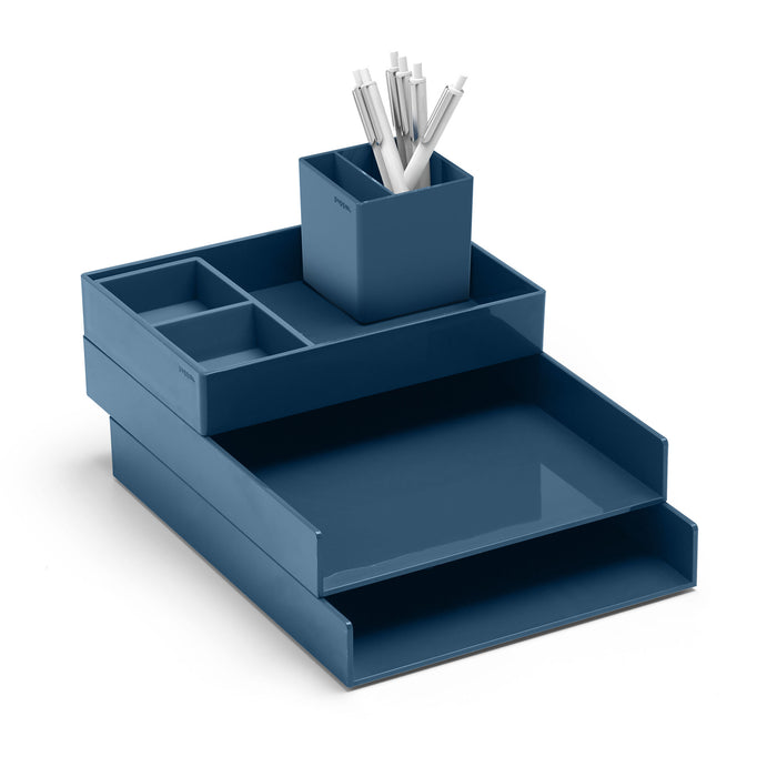 Blue desk organizer with trays and holder filled with pencils on white background. (Slate Blue)