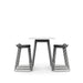 White modern square table with four black stackable chairs on white background. (Charcoal)