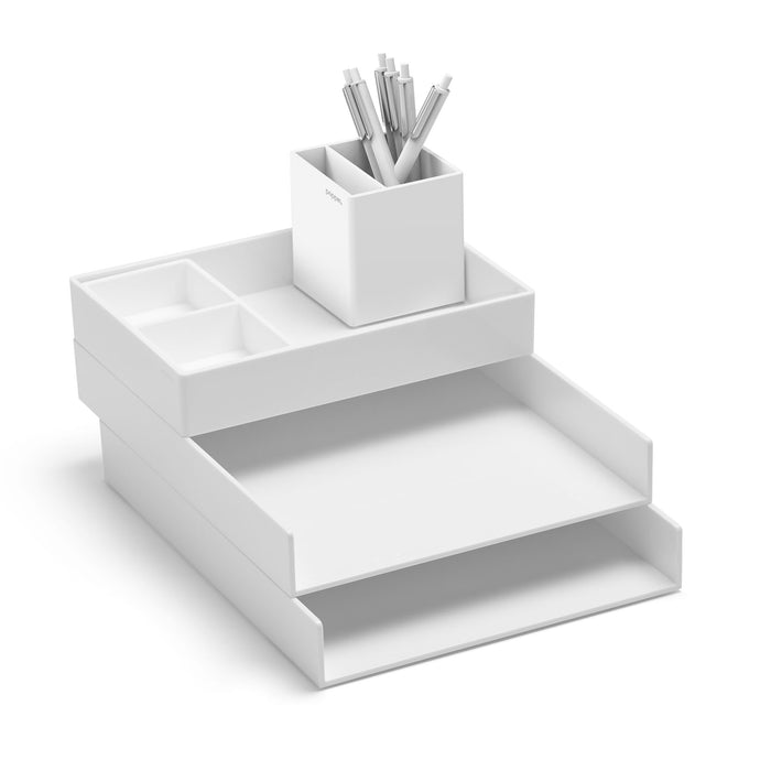 White desk organizer with compartments and pencils on white background. (White)