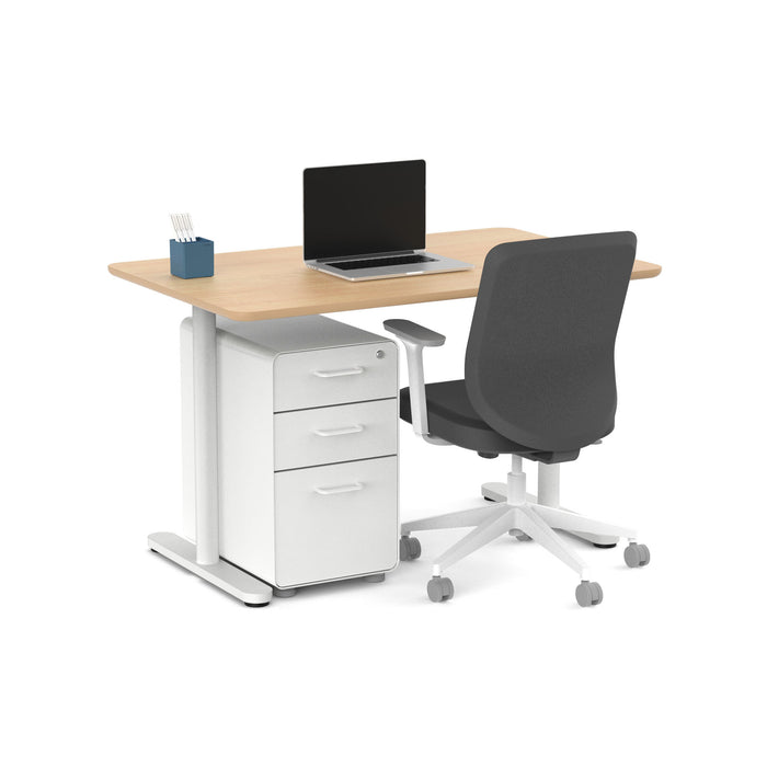 Modern office desk with laptop, chair, and stationery holder on white background. (Natural Oak-48&quot;)