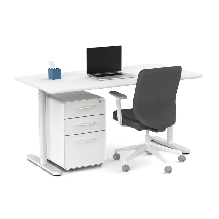 Modern office desk with laptop, chair, and mobile drawer unit on white background. (White-60&quot;)