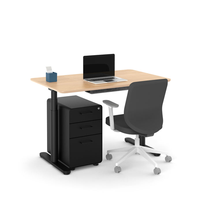 Modern office desk setup with laptop, ergonomic chair, and mobile pedestal on white background. (Natural Oak-48&quot;)