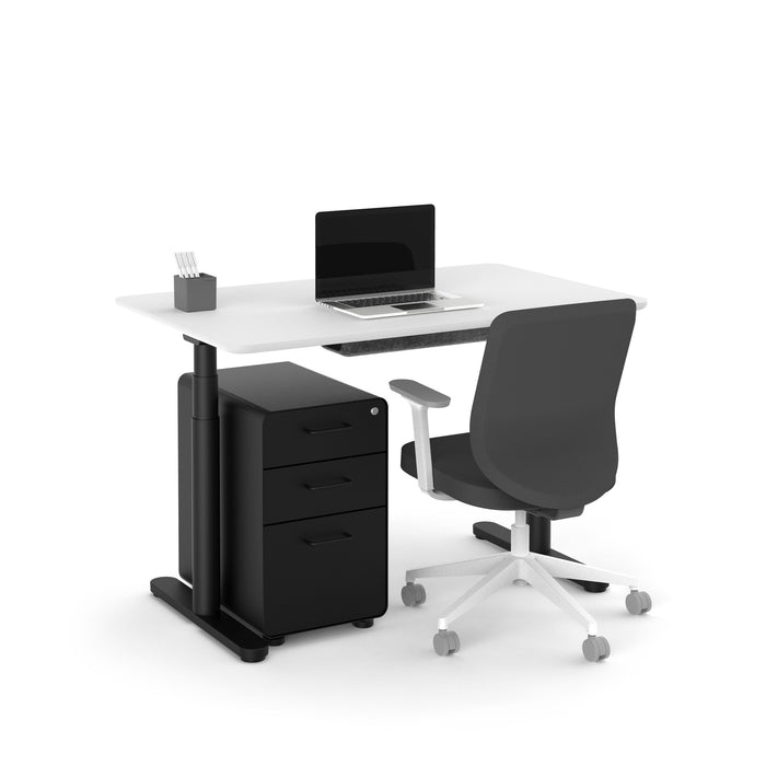 Modern home office setup with laptop on white desk, black ergonomic chair, and filing cabinet. (White-48&quot;)