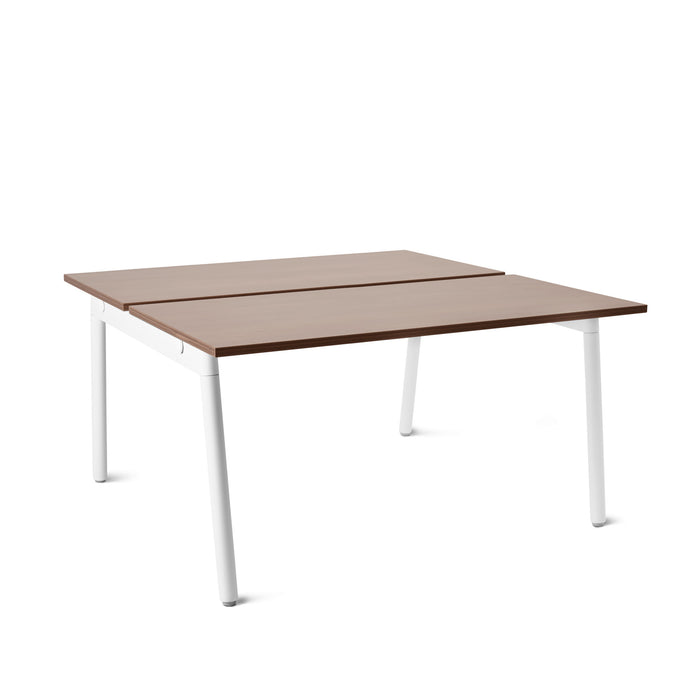 Modern extendable table with white legs and wooden top on a white background. (Walnut-47&quot;)