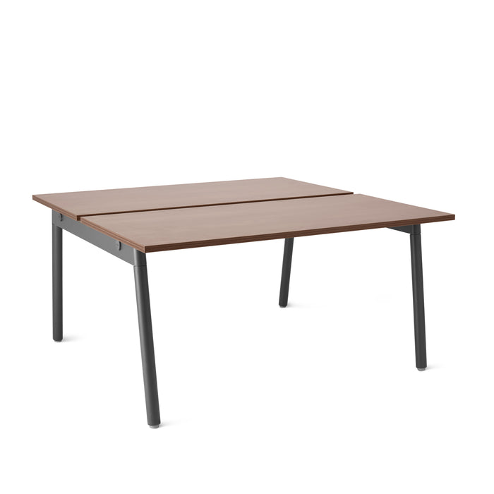 Modern brown extendable dining table with black metal legs on a white background. (Walnut-57&quot;)