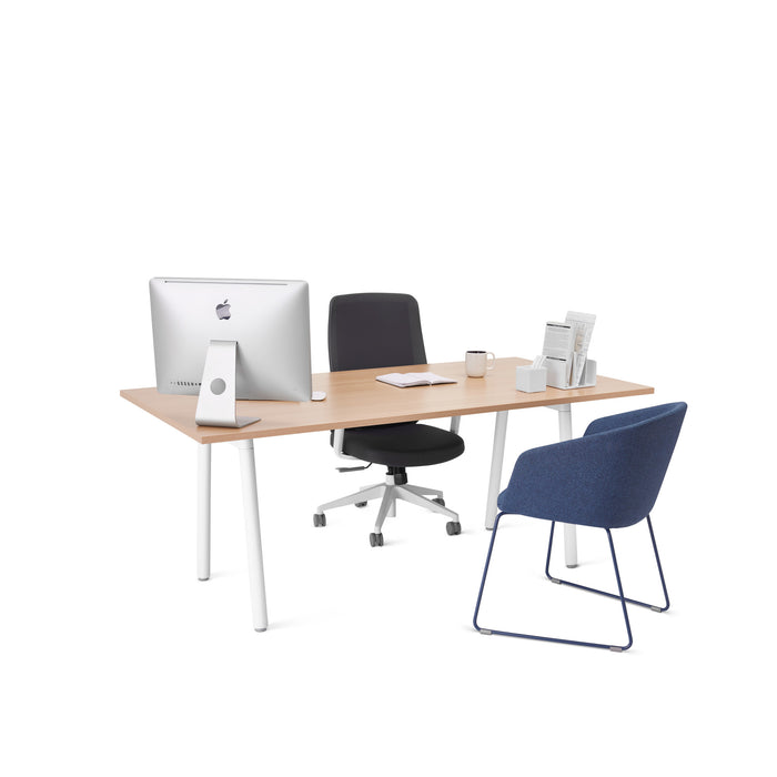 Modern office desk setup with computer, chair, and supplies on a white background. (Natural Oak)(Natural Oak)