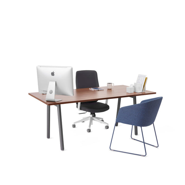 Modern office desk setup with computer, chair, and stationery on a white background. (Walnut)(Walnut)