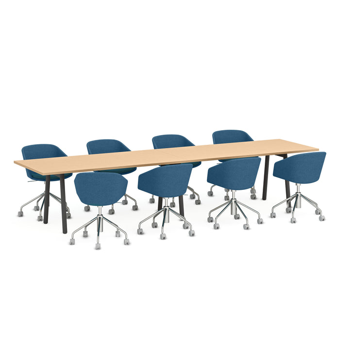 Rectangular conference table with blue office chairs on casters against white background. (Natural Oak-144&quot; x 36&quot;)(Natural Oak-144&quot; x 36&quot;)