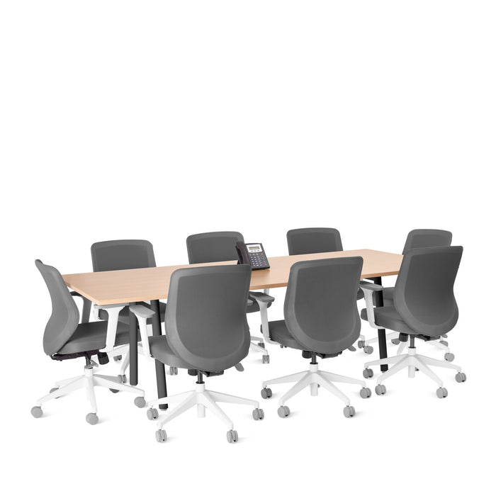 Modern conference room with a long table and gray chairs on white background. (Natural Oak-96&quot; x 42&quot;)