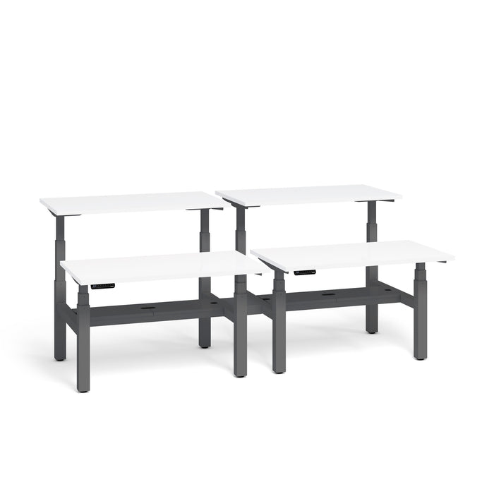 Three modern adjustable-height desks on a white background. (White-57&quot;)(White-47&quot;)