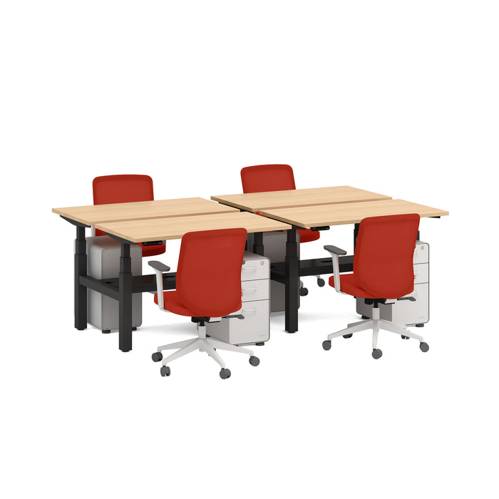 Modern office furniture setup with red chairs and wooden desks on white background. (Natural Oak-47&quot;)