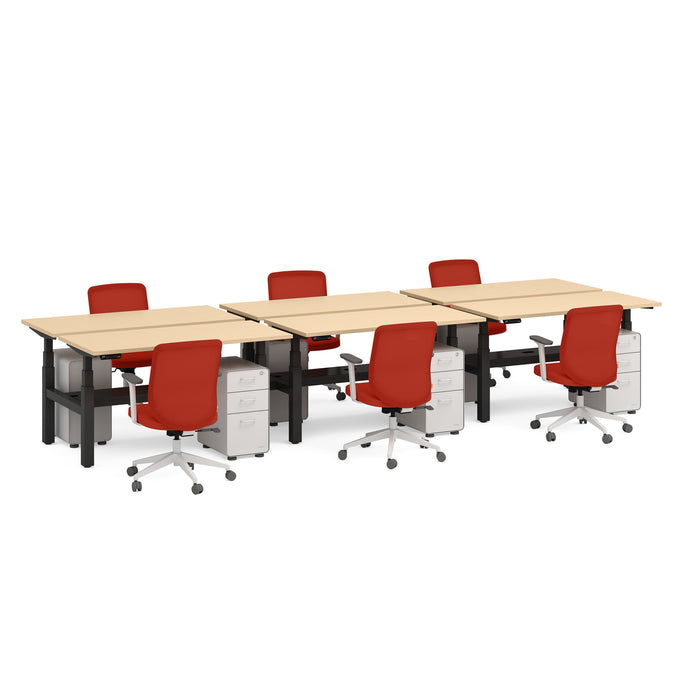 Modern office setup with red chairs and beige desks on white background. (Natural Oak-47&quot;)