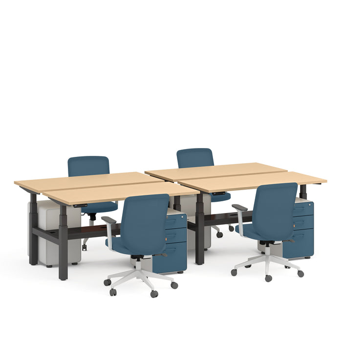 Modern office furniture setup with blue chairs and beige desks on a white background. (Natural Oak-57&quot;)