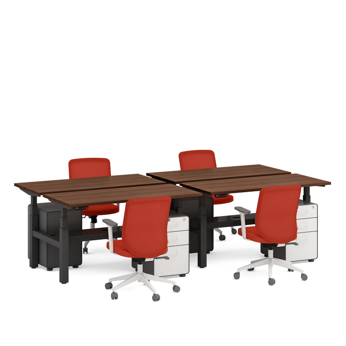 Modern office workspace with brown desks and red chairs on white background. (Walnut-57&quot;)