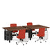 Modern office workspace with brown desks and red chairs on white background. (Walnut-57&quot;)