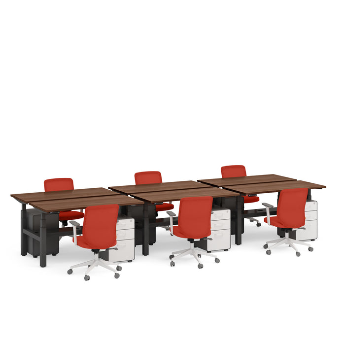 Modern office conference table with red chairs and white storage units on a white background. (Walnut-57&quot;)