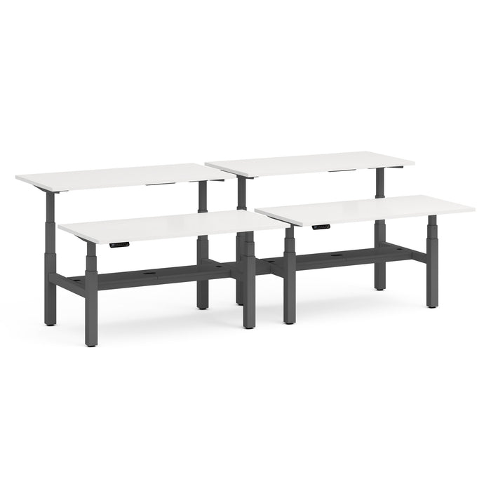 Height-adjustable white standing desks with black frames in staggered positions (White-60&quot;)