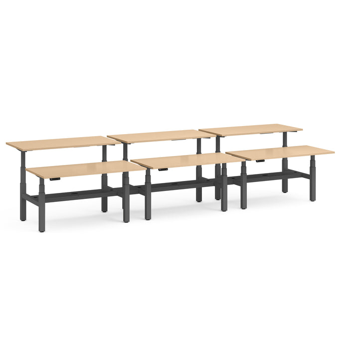 Row of four beige top office desks with black frames on white background. (Natural Oak-60&quot;)