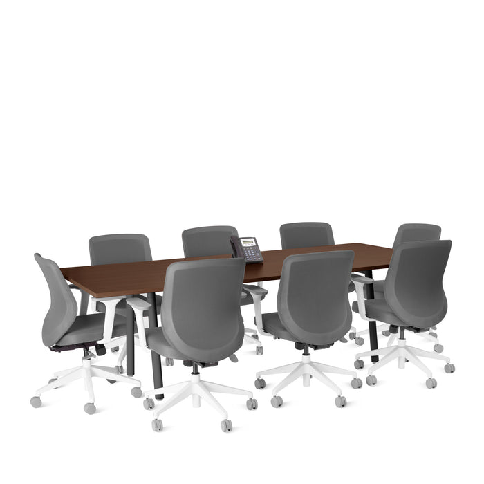 Modern conference room with a long table and gray chairs on a white background. (Walnut-96&quot; x 42&quot;)