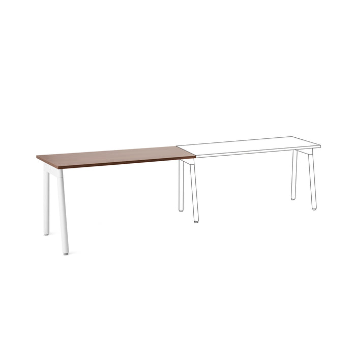 Modern two-segment desk with wooden top and white metal legs on a white background. (Walnut-57&quot;)