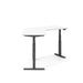 Modern height-adjustable desk with white top and black frame on white background 