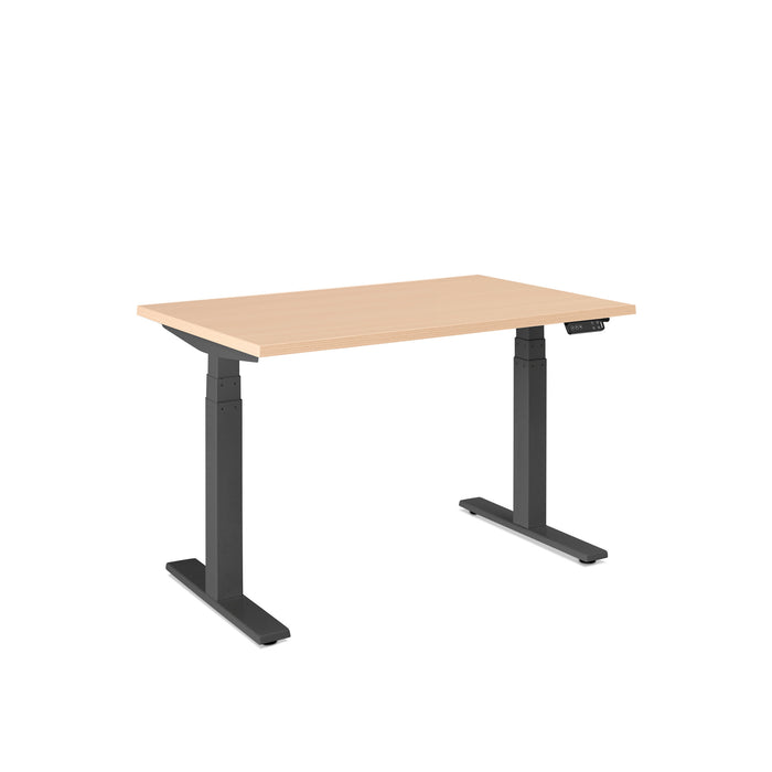 Adjustable height modern desk with wooden top and black legs on white background. (Natural Oak-47&quot;)
