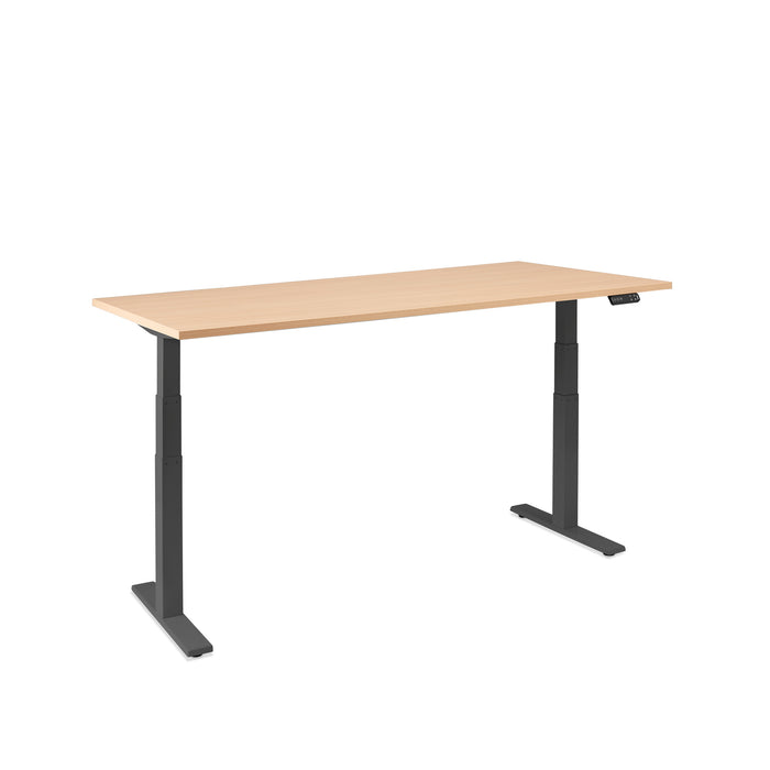 Adjustable height standing desk with wooden top and black frame on white background. (Natural Oak-72&quot;)