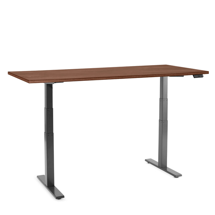 Adjustable height standing desk with a brown wooden top and black frame on a white background. (Walnut-72&quot;)