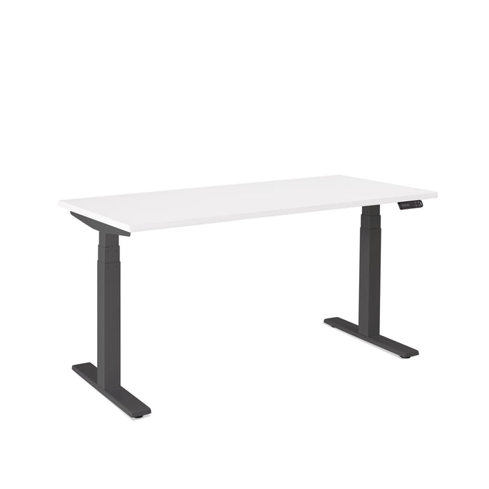 White height-adjustable standing desk with black frame isolated on white background. (White-57&quot;)