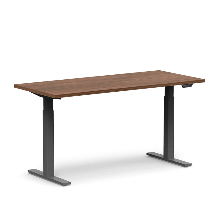 Adjustable height desk with a wooden top and black frame on a white background. (Walnut-60&quot;)