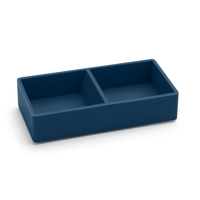 Navy blue Poppin desk organizer with two compartments on white background. (Slate Blue)