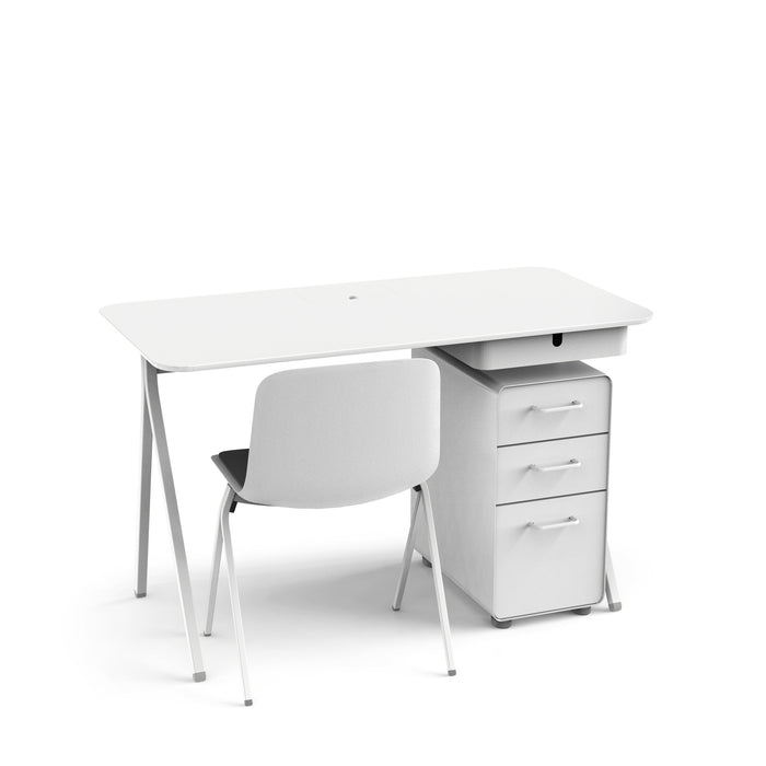 Modern office desk with white top, metal legs, and grey chair on white background. (White)