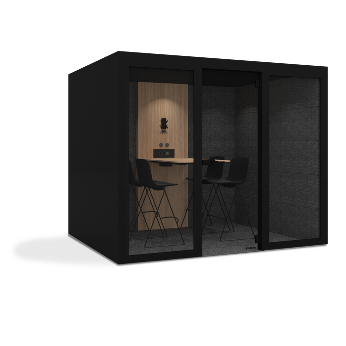 Modern office pod with glass doors and stylish interior design including chairs and desk. (Black)