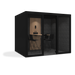 Modern office pod with glass doors and stylish interior design including chairs and desk. (Black)