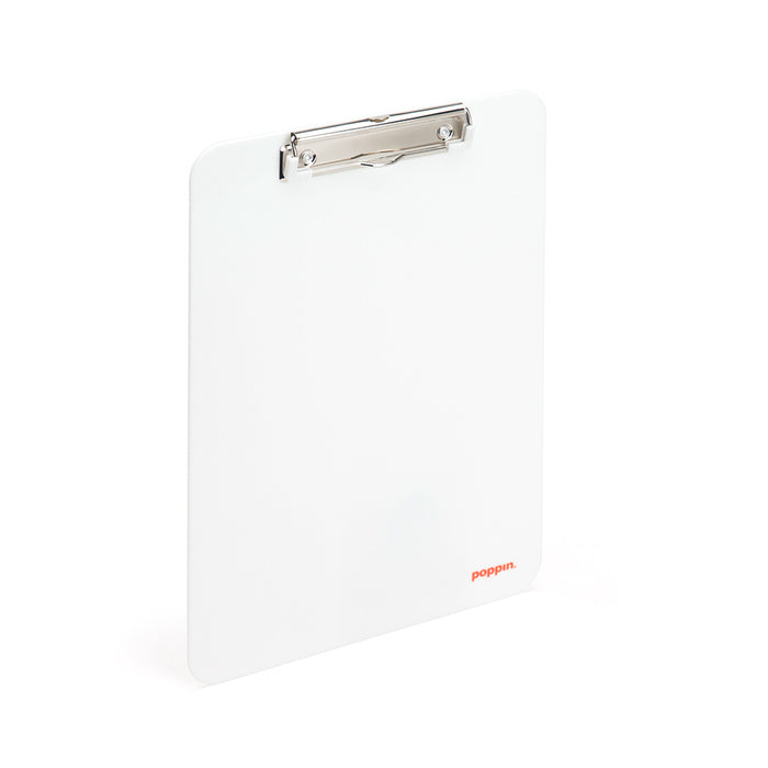 White acrylic clipboard with metal clip on a white background. (White)