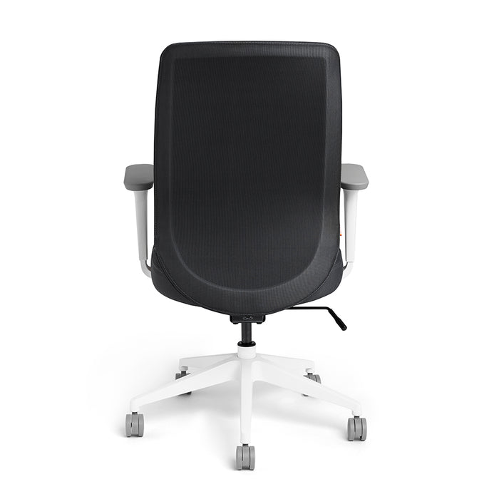 Ergonomic black office chair with adjustable armrests and white base on a 