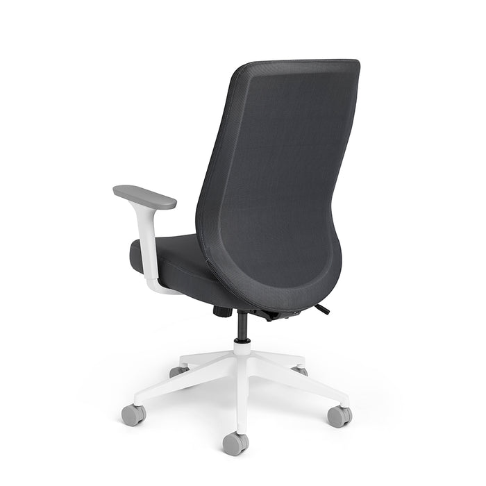 Ergonomic black office chair with adjustable armrests on white background 