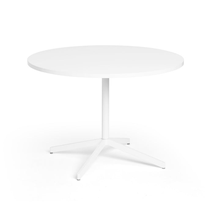 Modern white round table with a single pedestal base on a white background. (White-42&quot;)