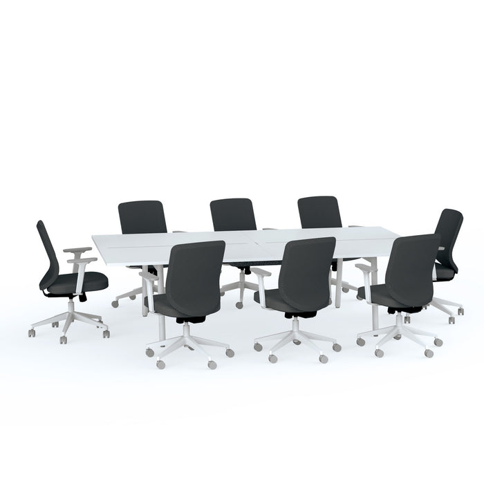 Modern conference room with black chairs and white table on white background. (Dark Gray-Mid Back)