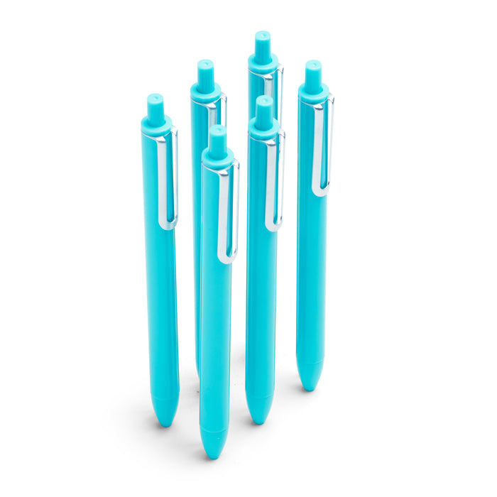 Set of four turquoise pens standing vertically on a white background. (Aqua-Blue)