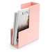 Pink magazine holder with journals on a white background. (Blush)