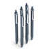 Group of five sleek silver and black ballpoint pens standing vertically on white background. (Dark Gray-Black)
