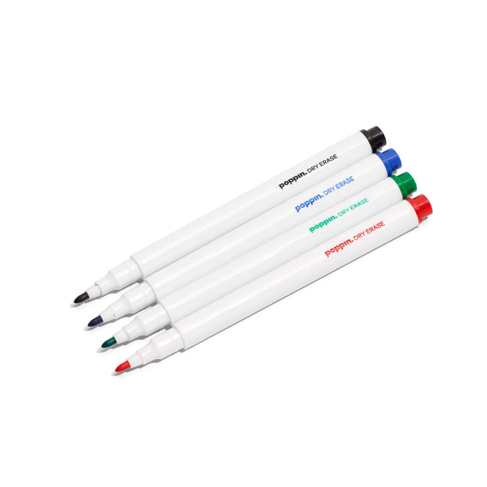 Four colorful whiteboard markers on a white background. 