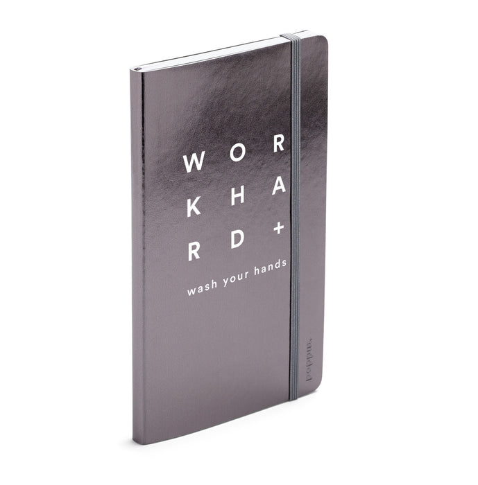 Silver hardcover book titled 'WORK HARD + wash your hands' on a white background. 