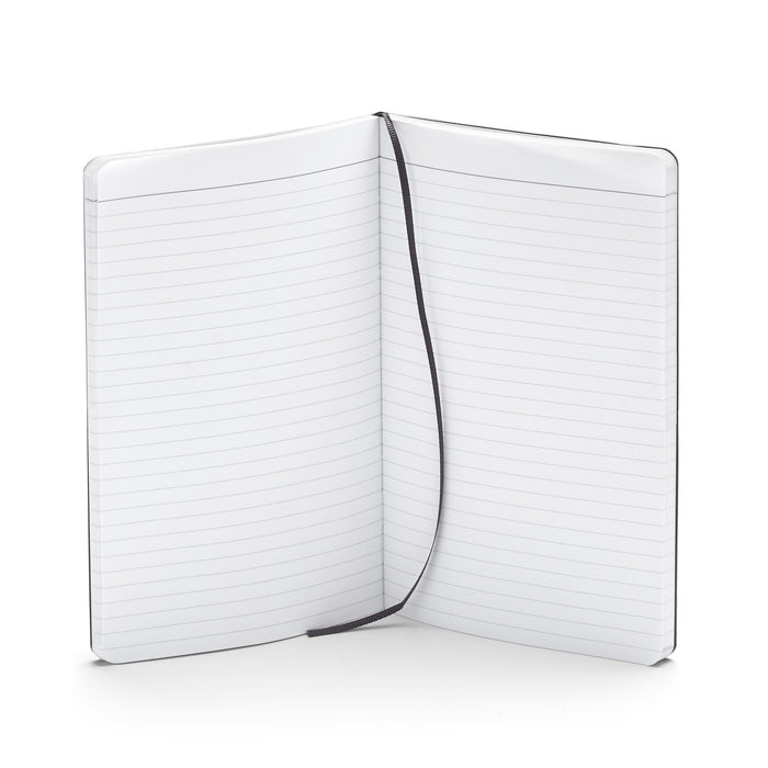 Open blank lined notebook with a black elastic band on white background 