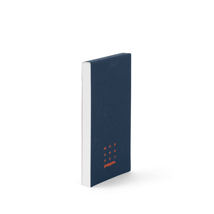 Navy blue hardcover notebook with red and yellow typography on spine against white background. 