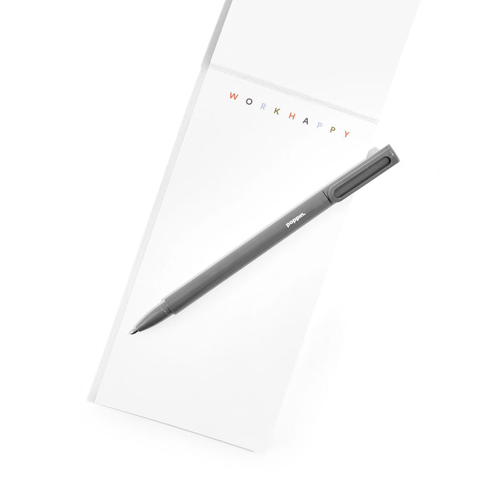 Black modern pen on white background with "Work Happy" text. 